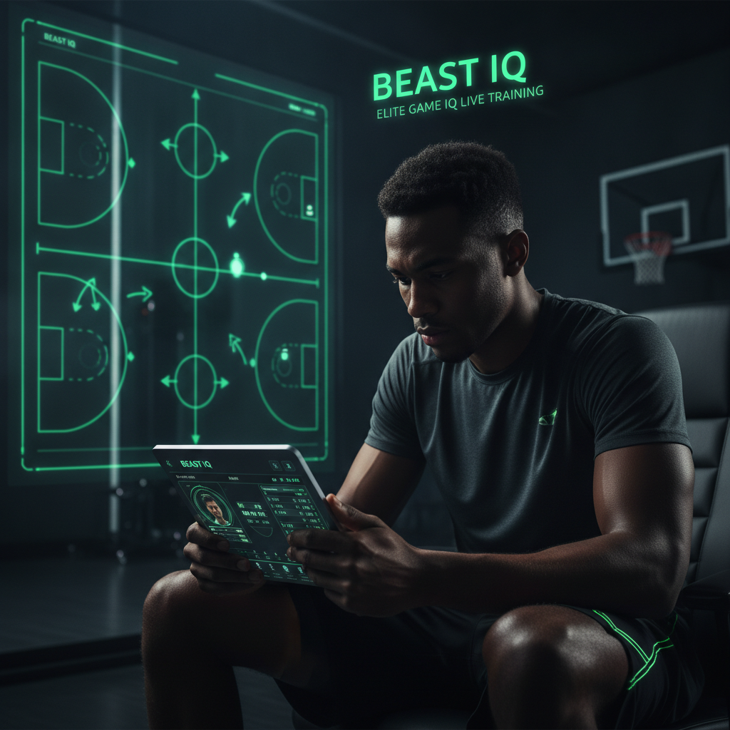 Elite basketball athlete studying game film and tactical scenarios on the Beast IQ mobile training app in a dark high-performance training facility with neon green tactical overlays