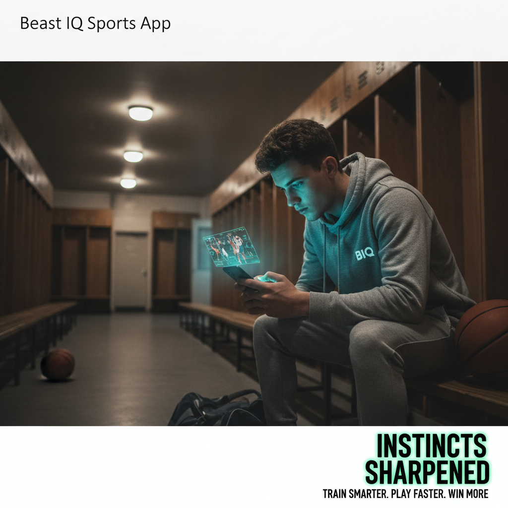 Focused young athlete studying basketball game film on a phone in a dimly lit locker room