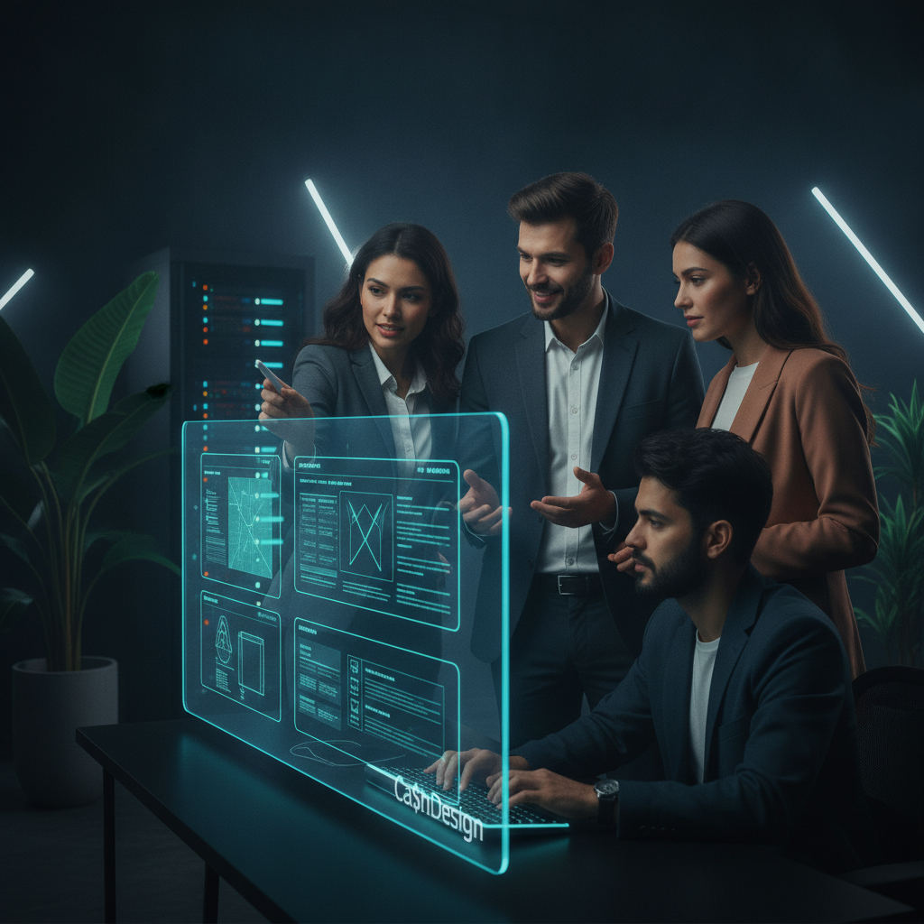 Team of expert web designers reviewing high-fidelity wireframes on a digital display in a modern dark studio