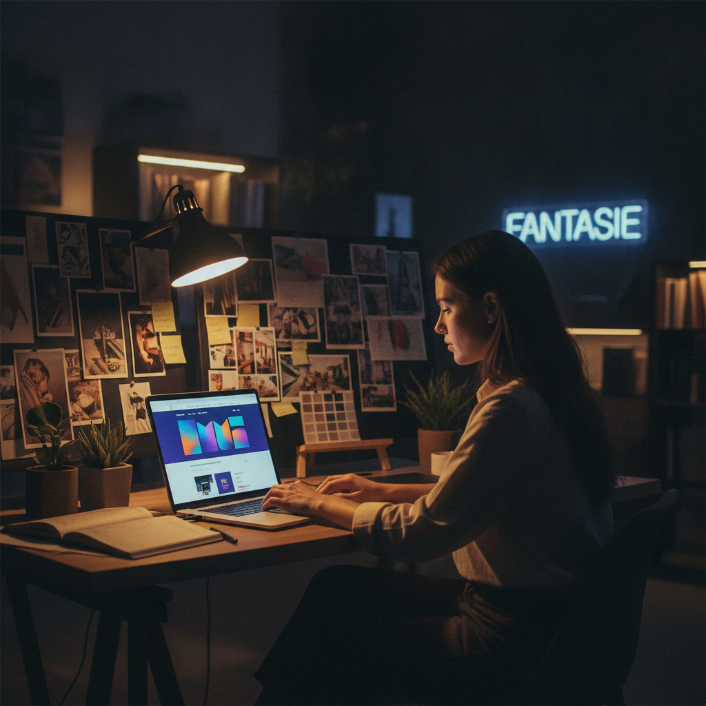 Creatieve webdesigner in een sfeervolle, donkere studio werkt aan een modern en kleurrijk website ontwerp op een laptop, omgeven door inspirerende moodboards