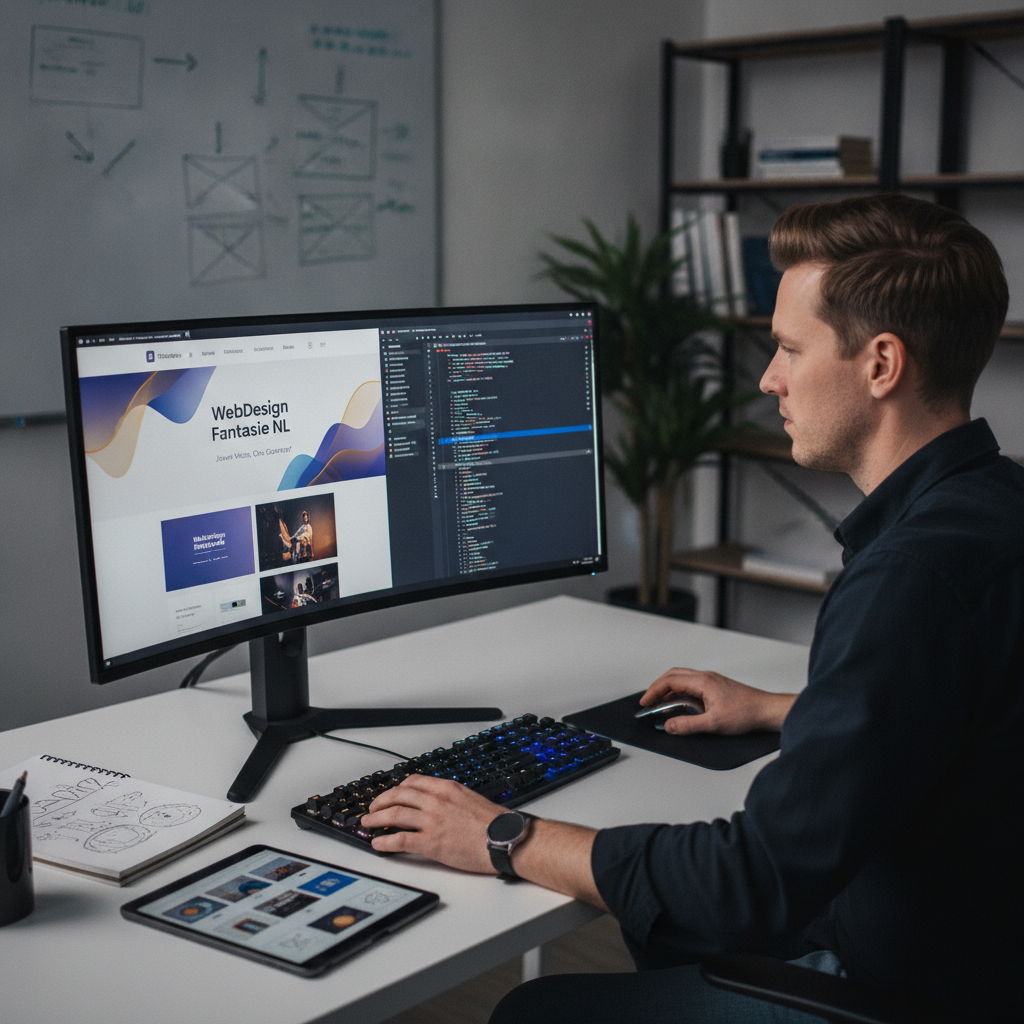 Web designer crafting a beautiful custom website layout on computer screen with code and design mockups