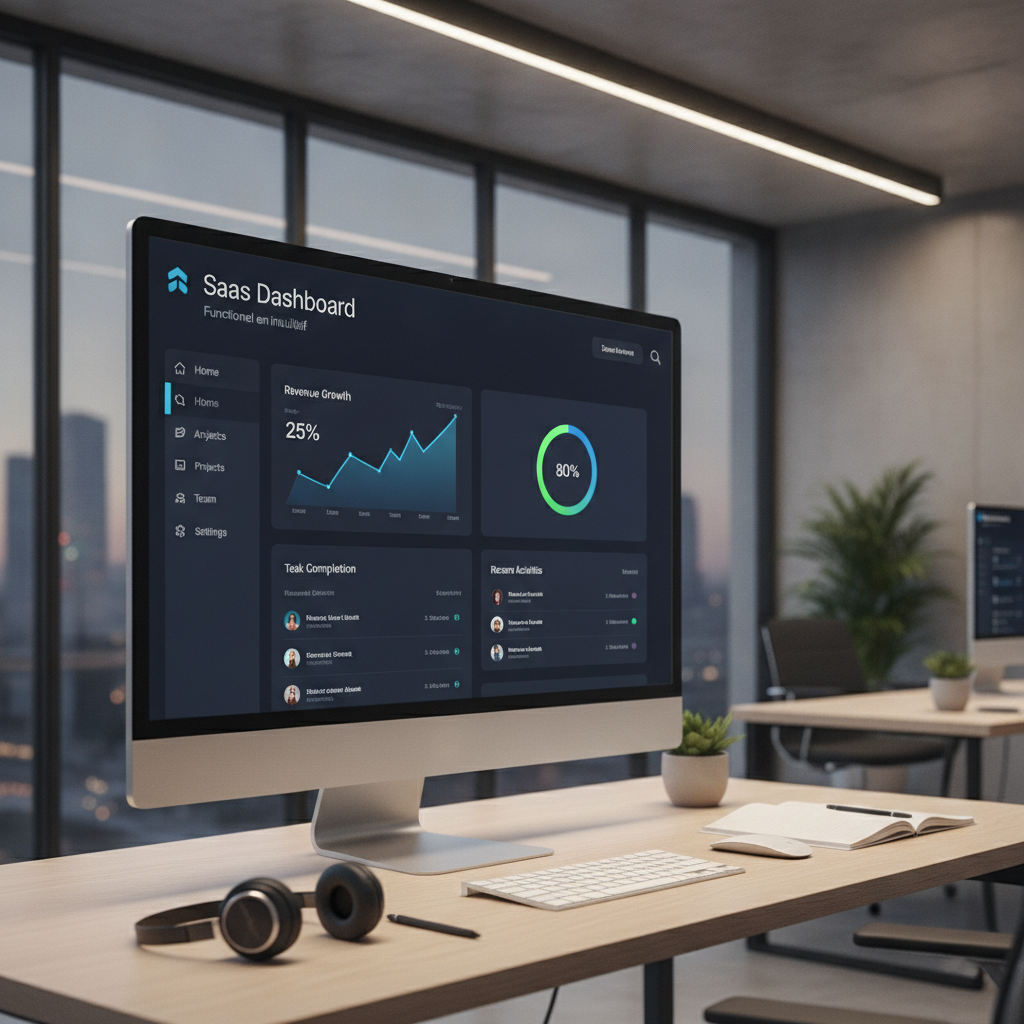 Schermafbeelding van een donkere modus dashboard voor een tech startup applicatie