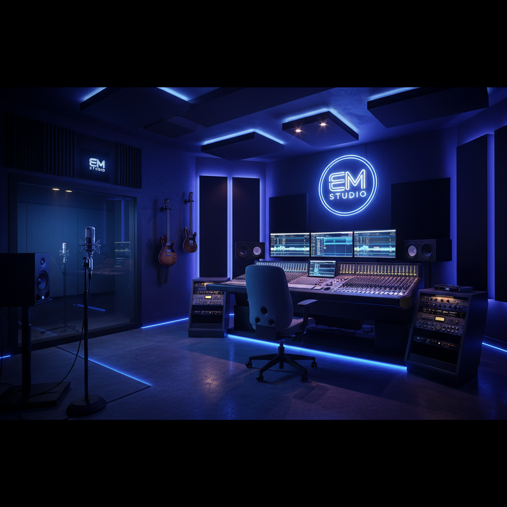 Cinematic dark professional recording studio interior with mixing console, vintage microphones, and ambient electric blue lighting