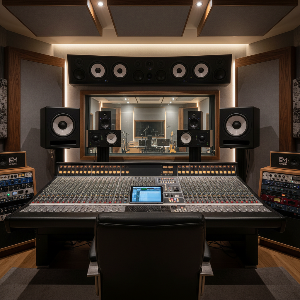 Professional recording studio control room with SSL mixing console and Genelec reference monitors at EM Studio
