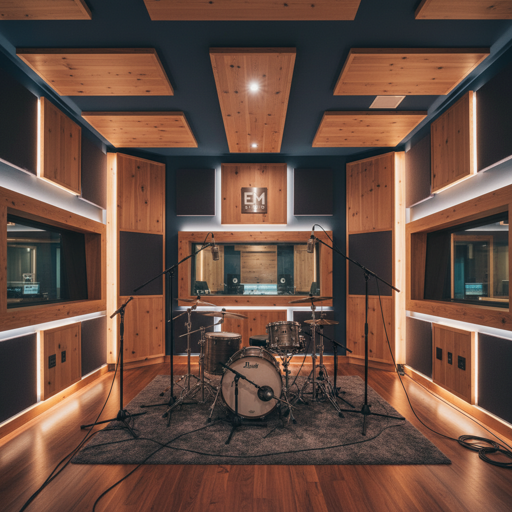 Spacious live recording room with professional drum kit and custom diffusion acoustic treatment at EM Studio