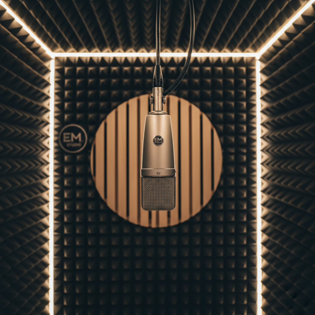 Vintage Neumann U87 microphone hanging in acoustically treated vocal booth at EM Studio