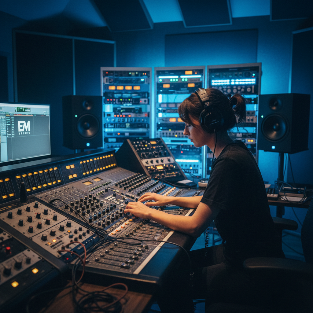 Audio engineer mixing music on analog outboard gear with electric blue ambient lighting at EM Studio