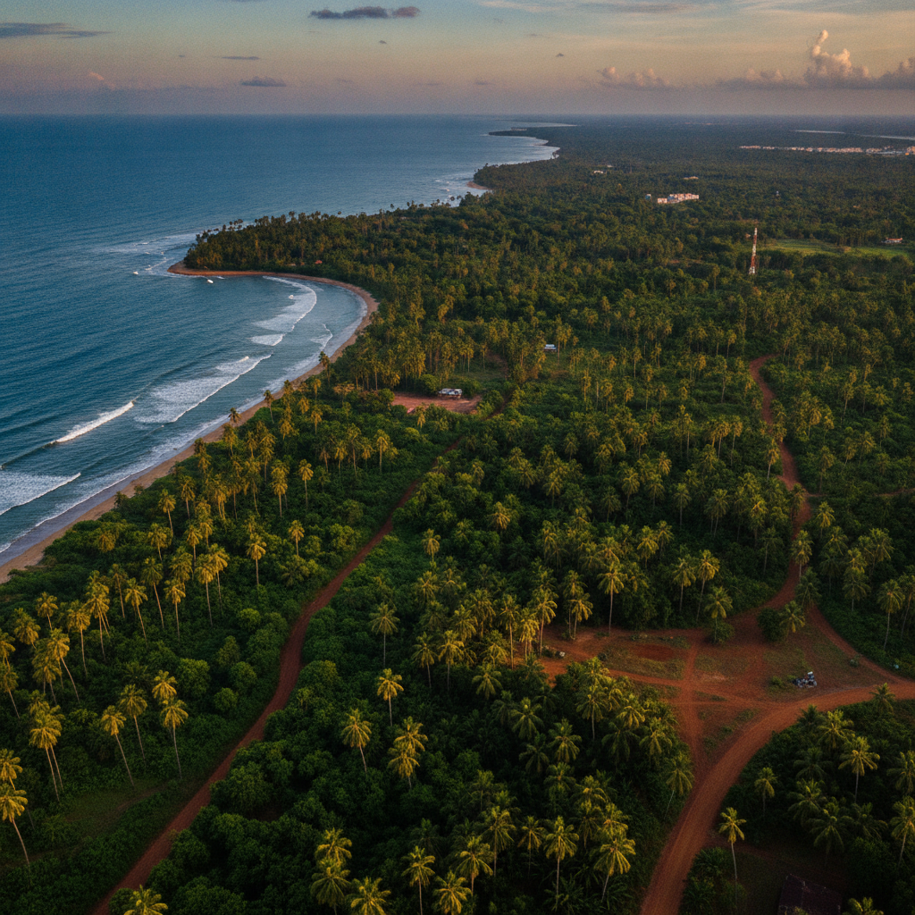 Vue aérienne naturelle de Conakry, Guinée, avec palmiers, océan Atlantique et paysage tropical guinéen