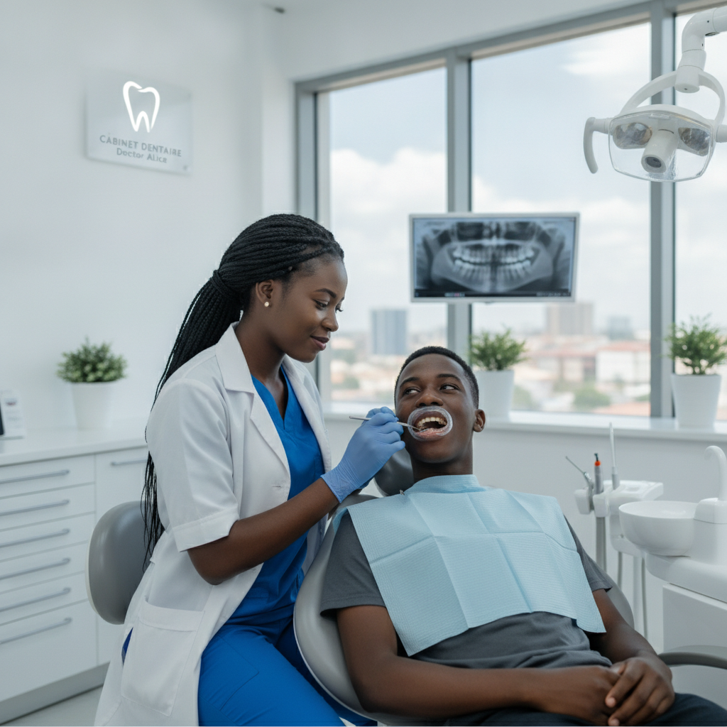 Guinean dentist examining patient teeth in modern Conakry dental clinic