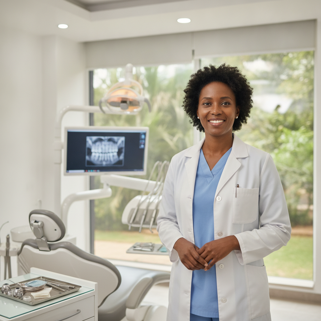 Portrait naturel d'une dentiste guinéenne souriante en blouse blanche dans son cabinet dentaire moderne à Conakry, Guinée