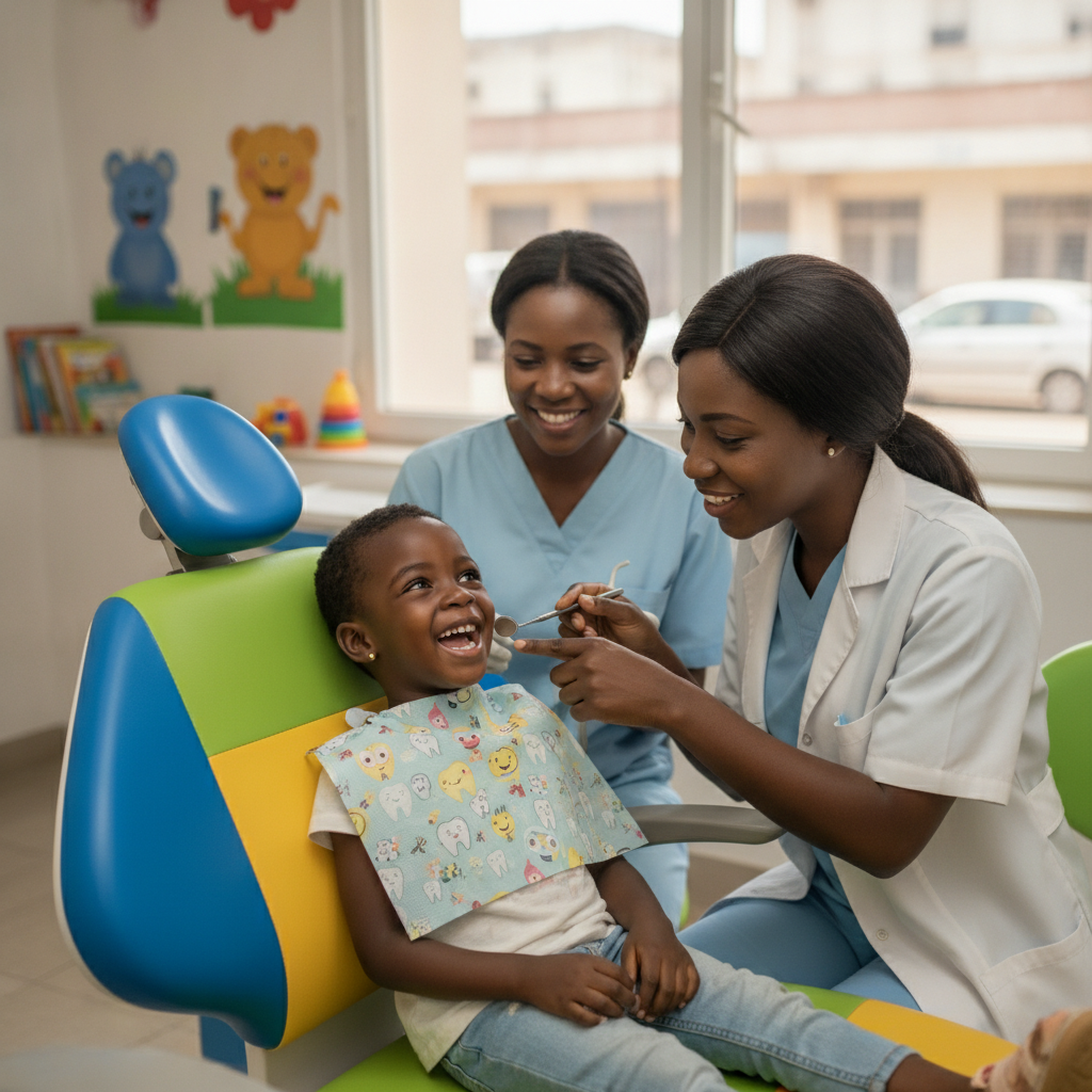 Happy Guinean child at pediatric dentist in Conakry with colorful dental chair