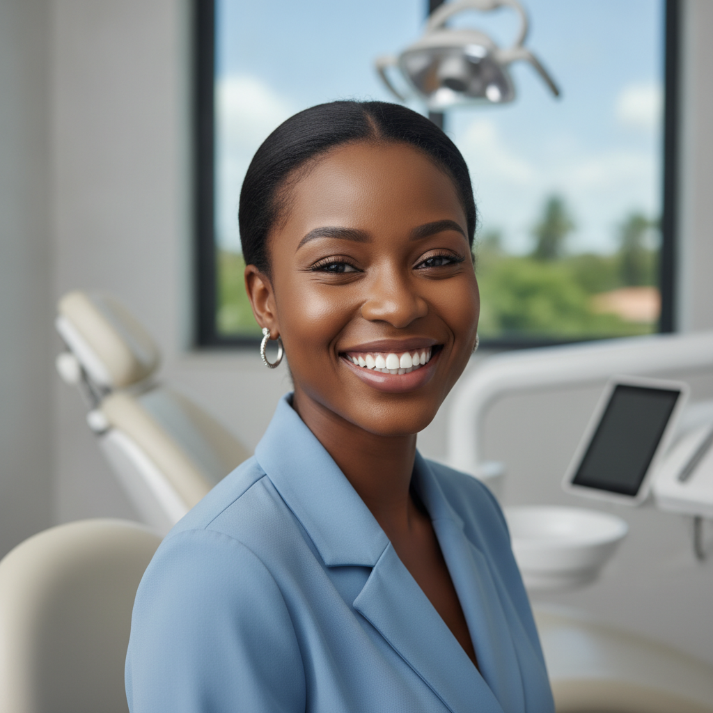 Smiling young Guinean woman with bright white teeth after cosmetic dentistry treatment