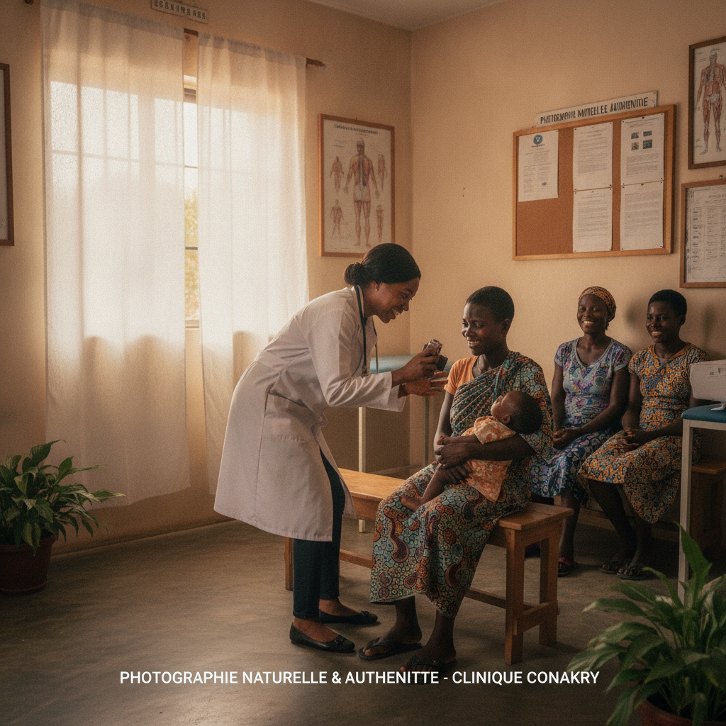 Photographie naturelle et authentique d'un cabinet dentaire moderne à Conakry en Guinée, avec une dentiste guinéenne noire en blouse blanche soignant une patiente africaine souriante, ambiance chaleureuse et lumineuse reflétant la culture ouest-africaine