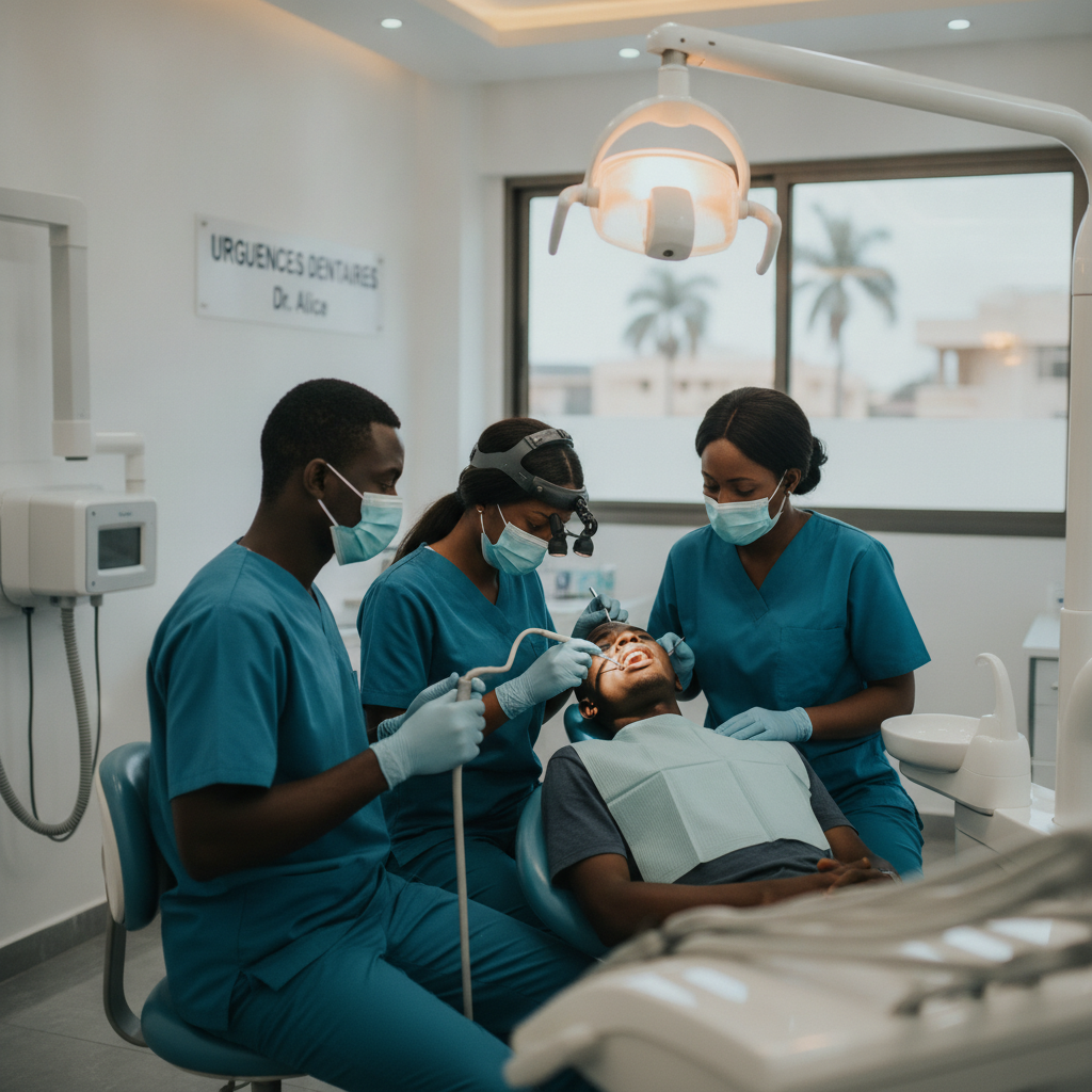 Guinean emergency dental care team treating urgent patient in Conakry clinic