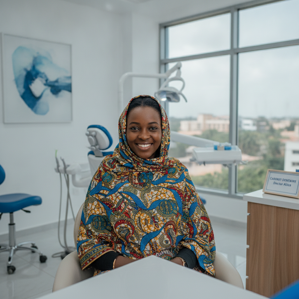 Jeune femme guinéenne à la peau noire souriante portant un foulard traditionnel en wax coloré, assise détendue dans un cabinet dentaire moderne à Conakry, photographie naturelle et réaliste d'Afrique de l'Ouest