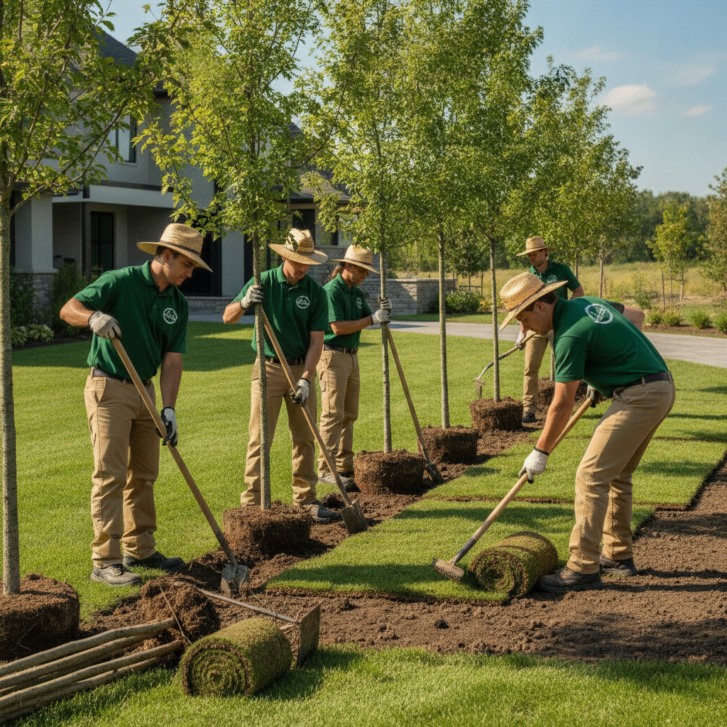 Professional landscaping crew in uniform planting trees and laying fresh sod on a sunny day