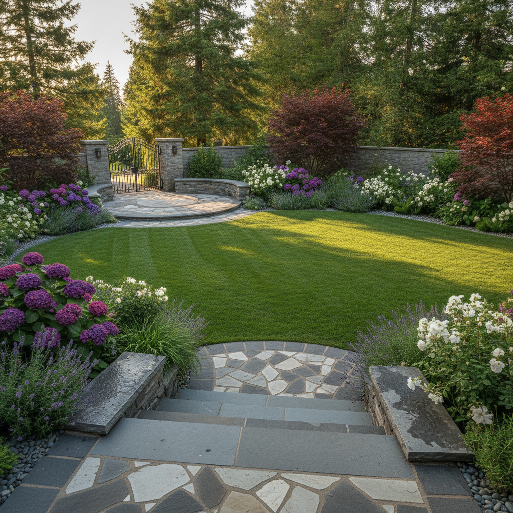 Beautifully landscaped garden with pristine lawn and custom stonework