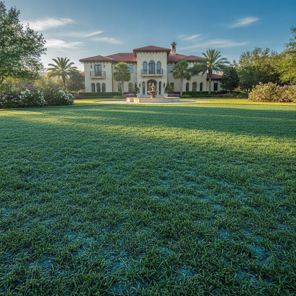 Lush vibrant green lawn freshly established through professional hydroseeding application in Pensacola Florida residential property