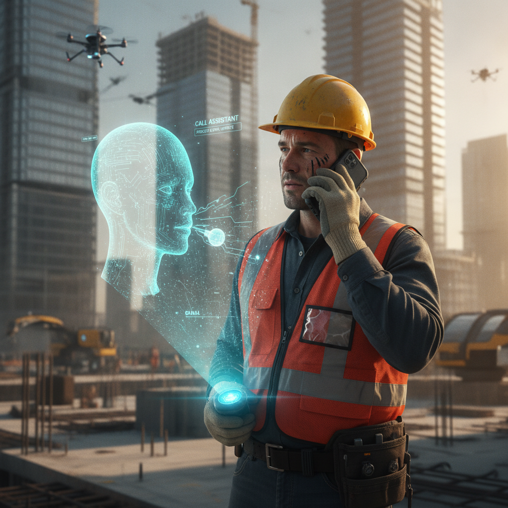 Futuristic AI hologram answering phone calls for a busy construction worker
