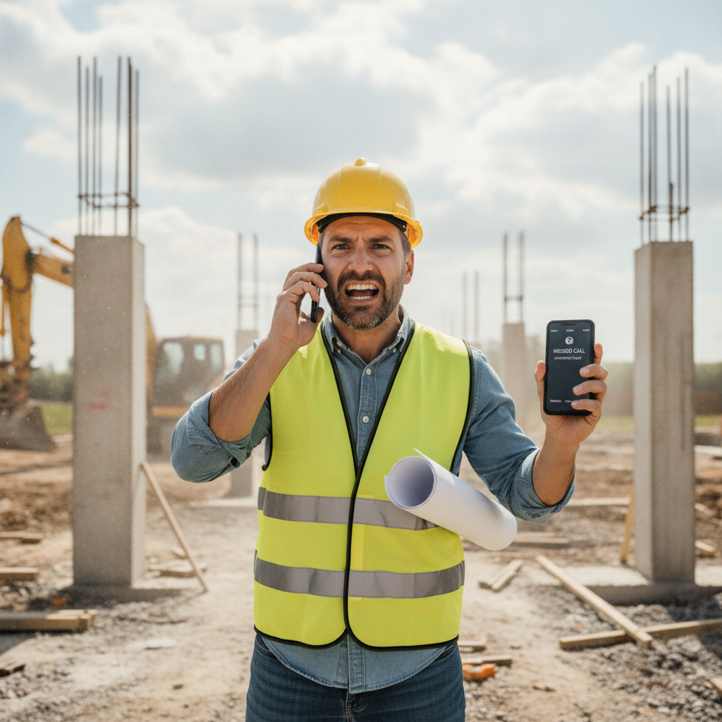 Entrepreneur en construction frustré manquant un appel important sur un chantier