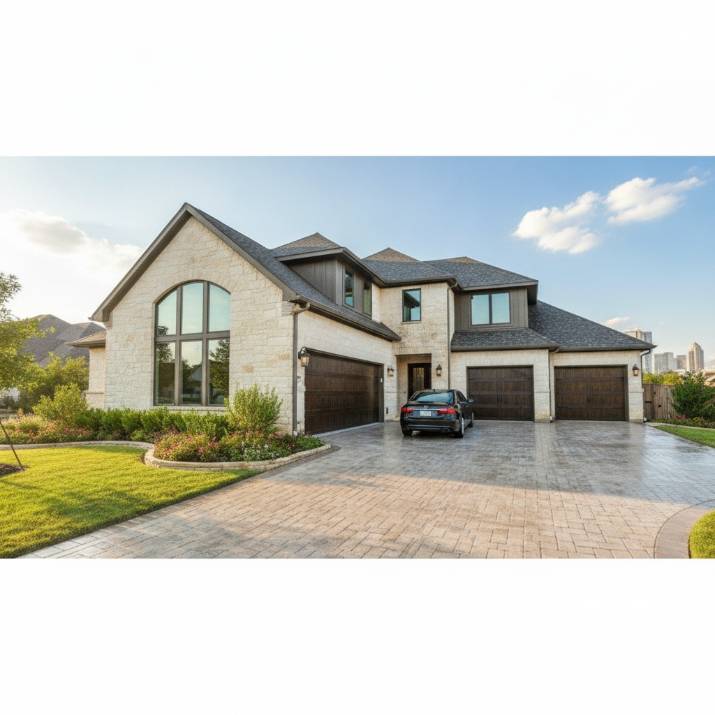 Pristine luxury home exterior with sparkling clean windows and freshly pressure washed driveway in Fort Worth Texas