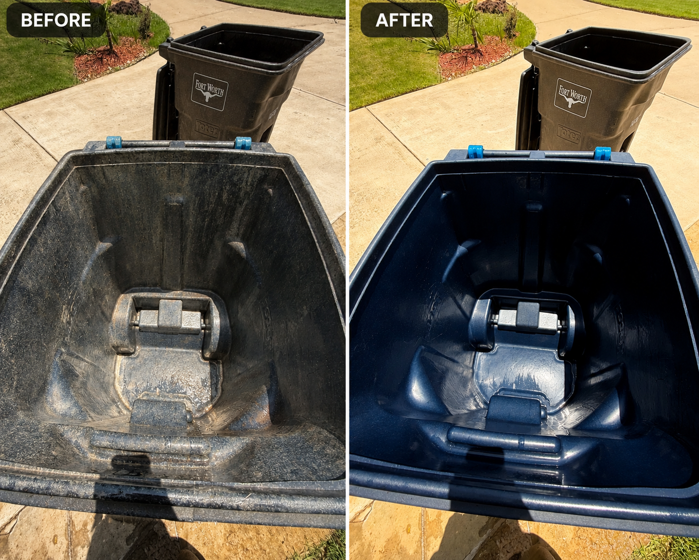 Sparkling clean sanitized residential trash can bins after professional cleaning service