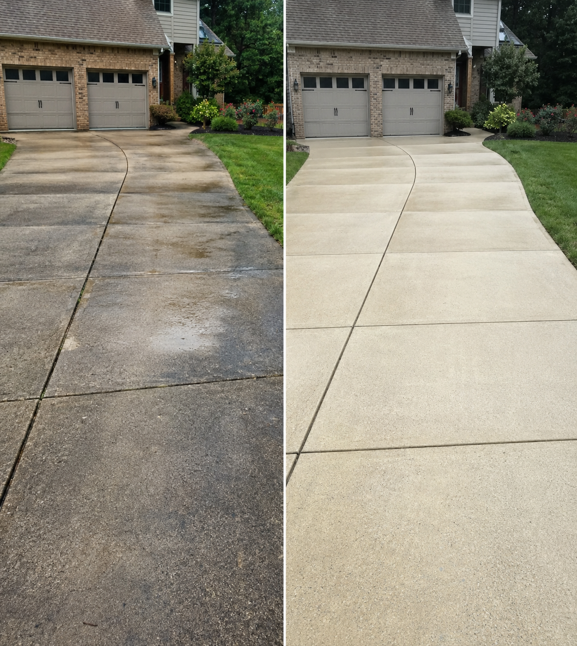 Powerful high-pressure water jet blasting away years of dirt grime and black mildew stains from a residential concrete driveway revealing a bright pristine clean surface