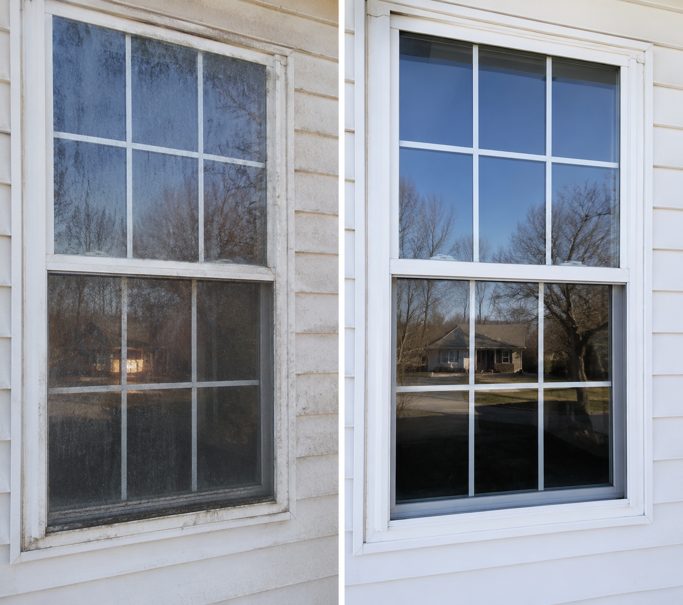 Professional window cleaner in uniform using purified water squeegee to wash large residential exterior glass windows to a crystal clear streak-free shine on a sunny Texas day