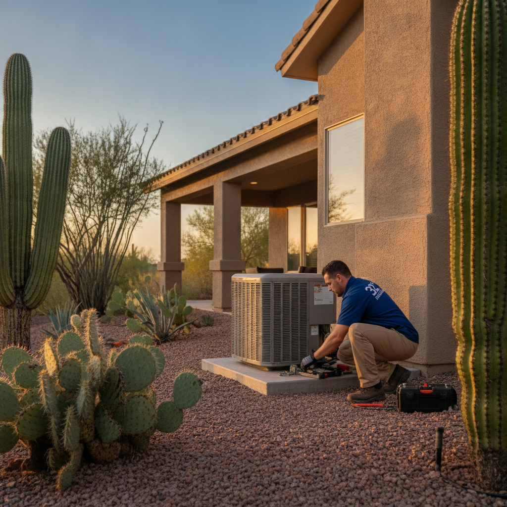 Professional HVAC technician in a 32 Degrees AZ uniform servicing an air conditioning unit outside an Arizona home