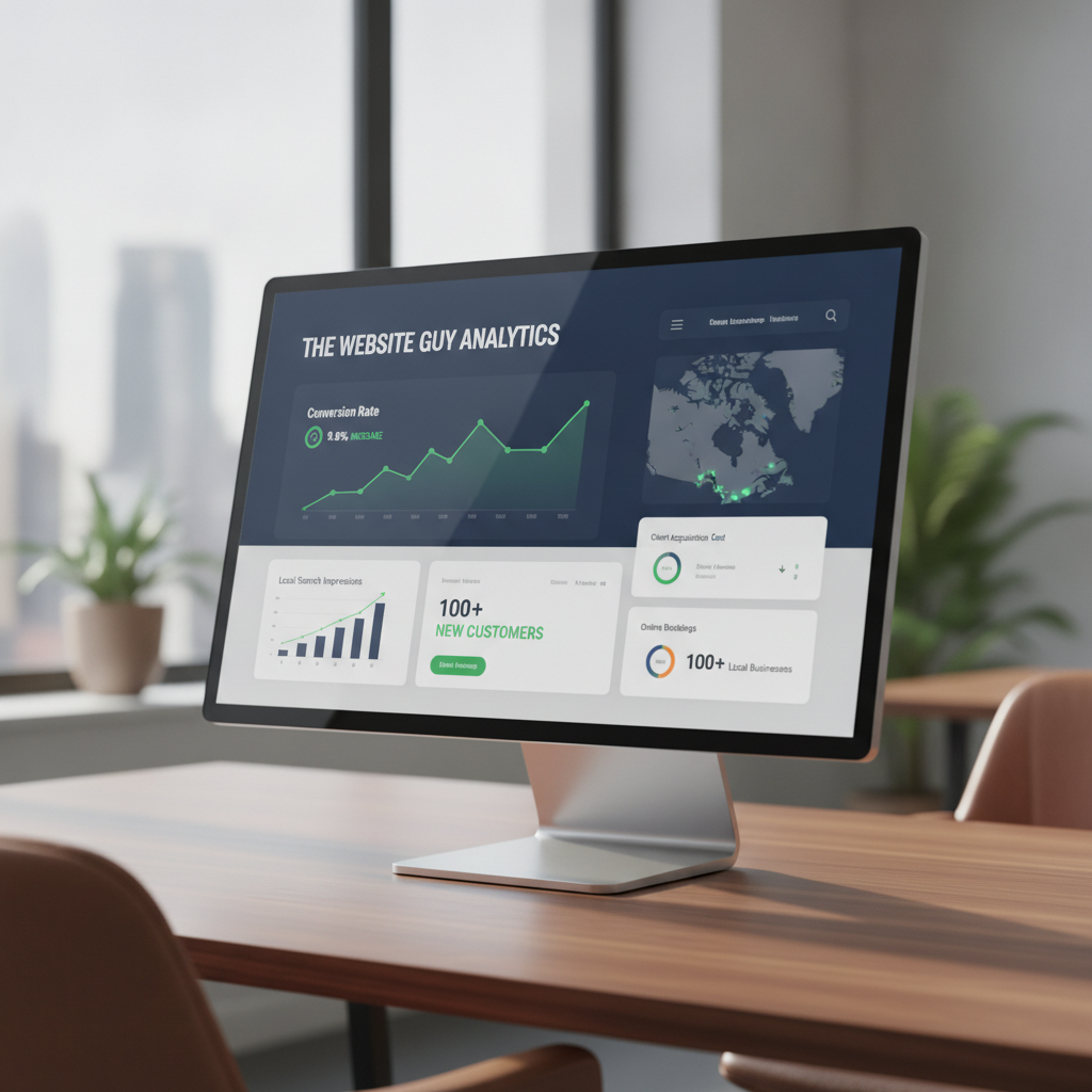 High-end modern website dashboard on sleek monitor showcasing local business growth analytics