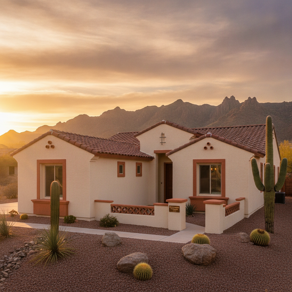 Freshly painted Phoenix stucco home with warm terracotta accents at golden hour desert sunset