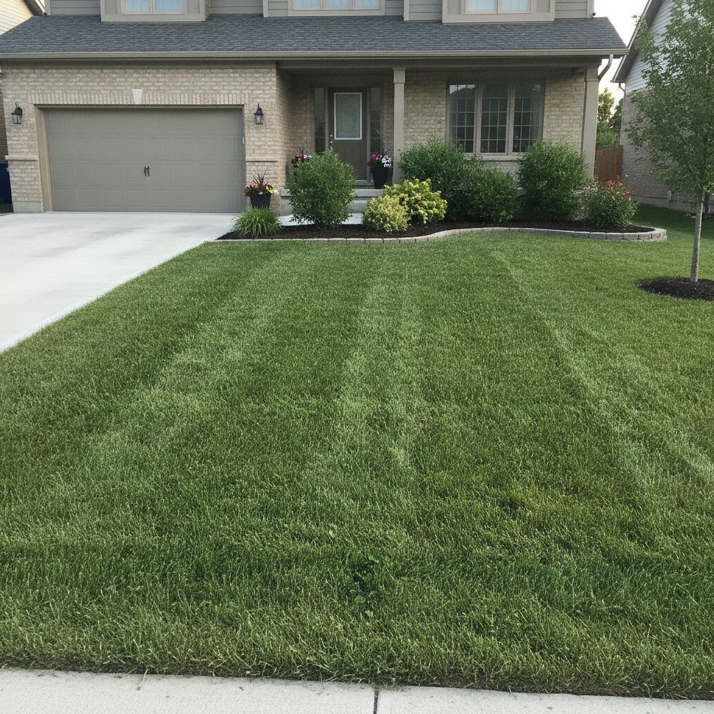 Freshly mowed striped backyard lawn with manicured garden beds at a Georgetown Ontario residential property