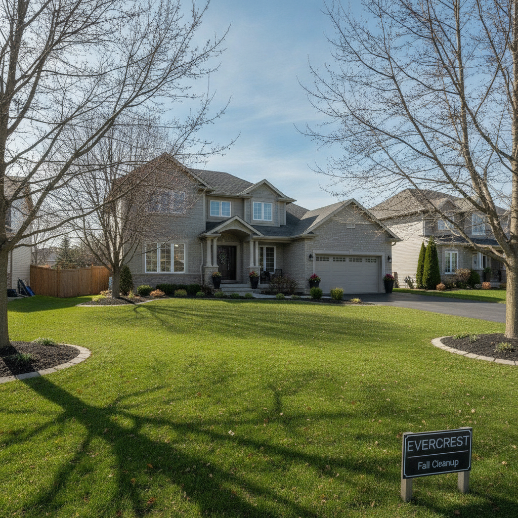 Cleared leaf-free front yard after a professional Evercrest fall cleanup at a Milton Ontario residential property