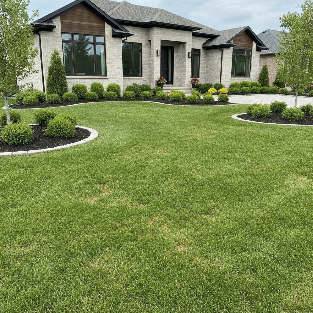 Freshly manicured lush green lawn with clean edging and trimmed garden beds at a premium Ontario residential property maintained by Evercrest Landscaping