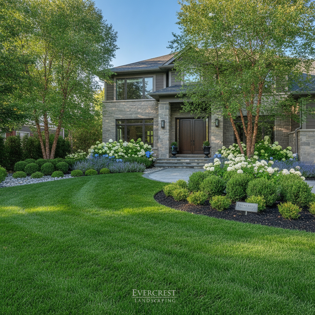 Freshly manicured lush green lawn with clean edging and trimmed garden beds at a premium Ontario residential property maintained by Evercrest Landscaping