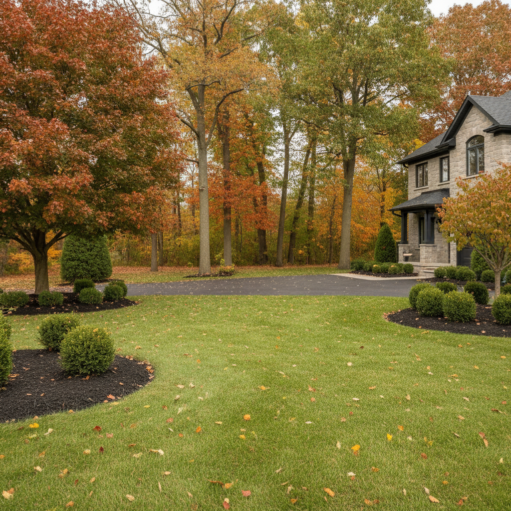 Cleared leaf-free front yard after a professional Evercrest fall cleanup at a Milton Ontario residential property