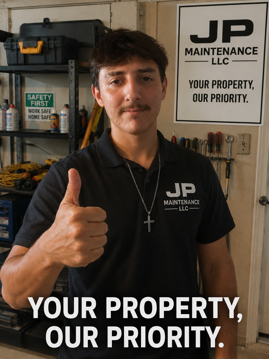 A professional JP Maintenance technician in uniform, smiling confidently in a well-lit workshop.