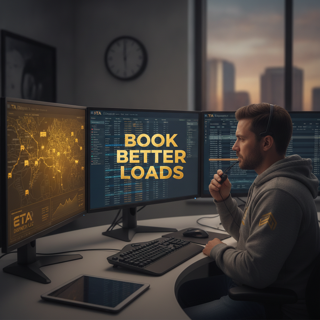 Professional truck dispatcher managing logistics at a multi-monitor setup
