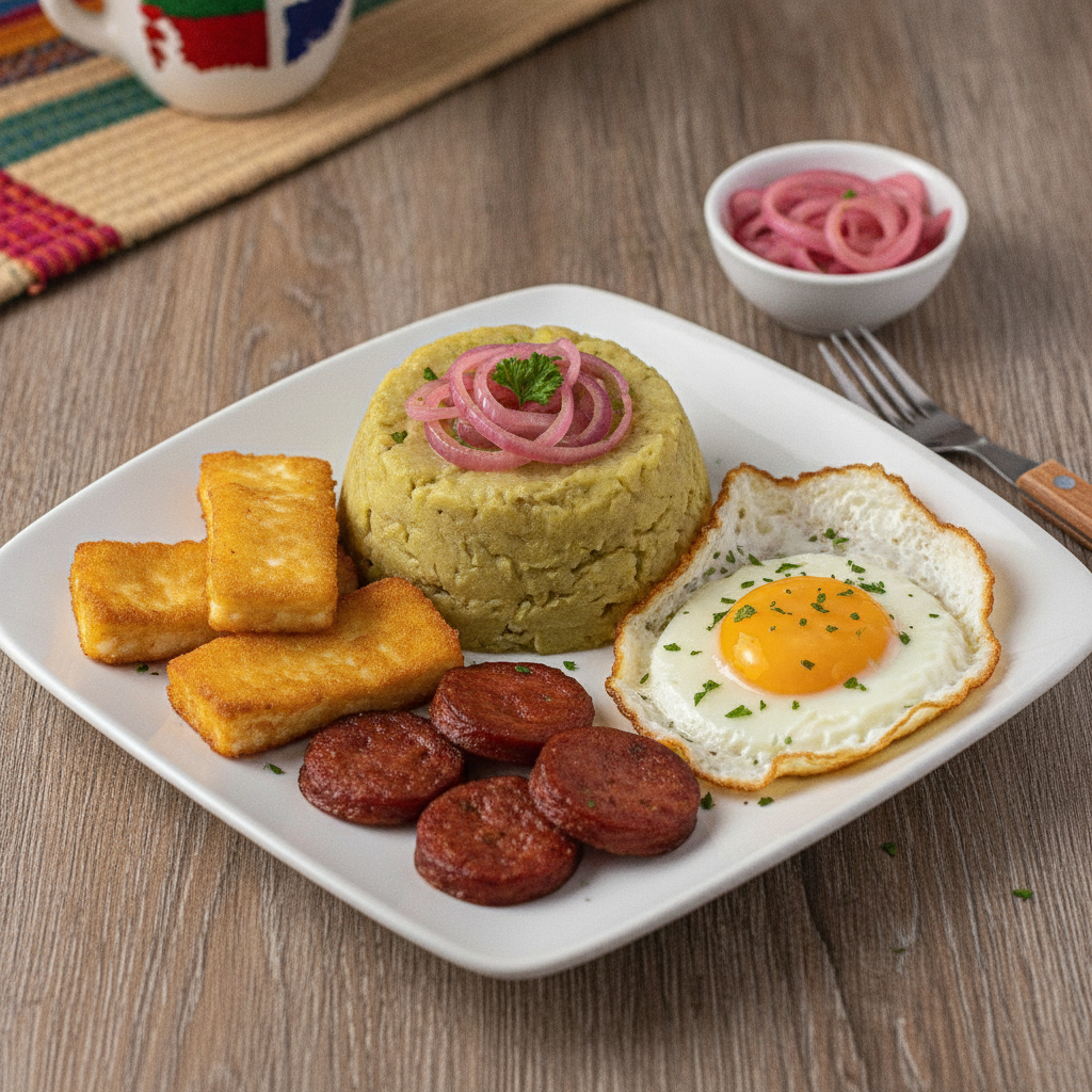 A vibrant plate of Dominican Mangú Tres Golpes with fried cheese, salami, and egg