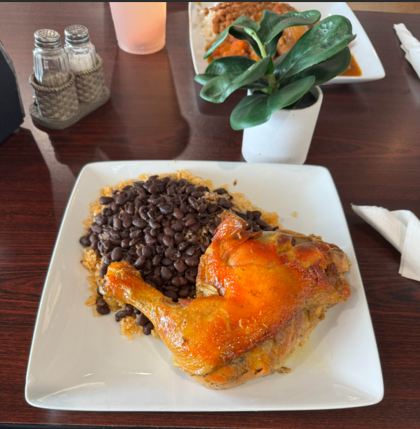 Dominican-style stewed chicken (pollo guisado) served with fluffy white rice and savory red beans