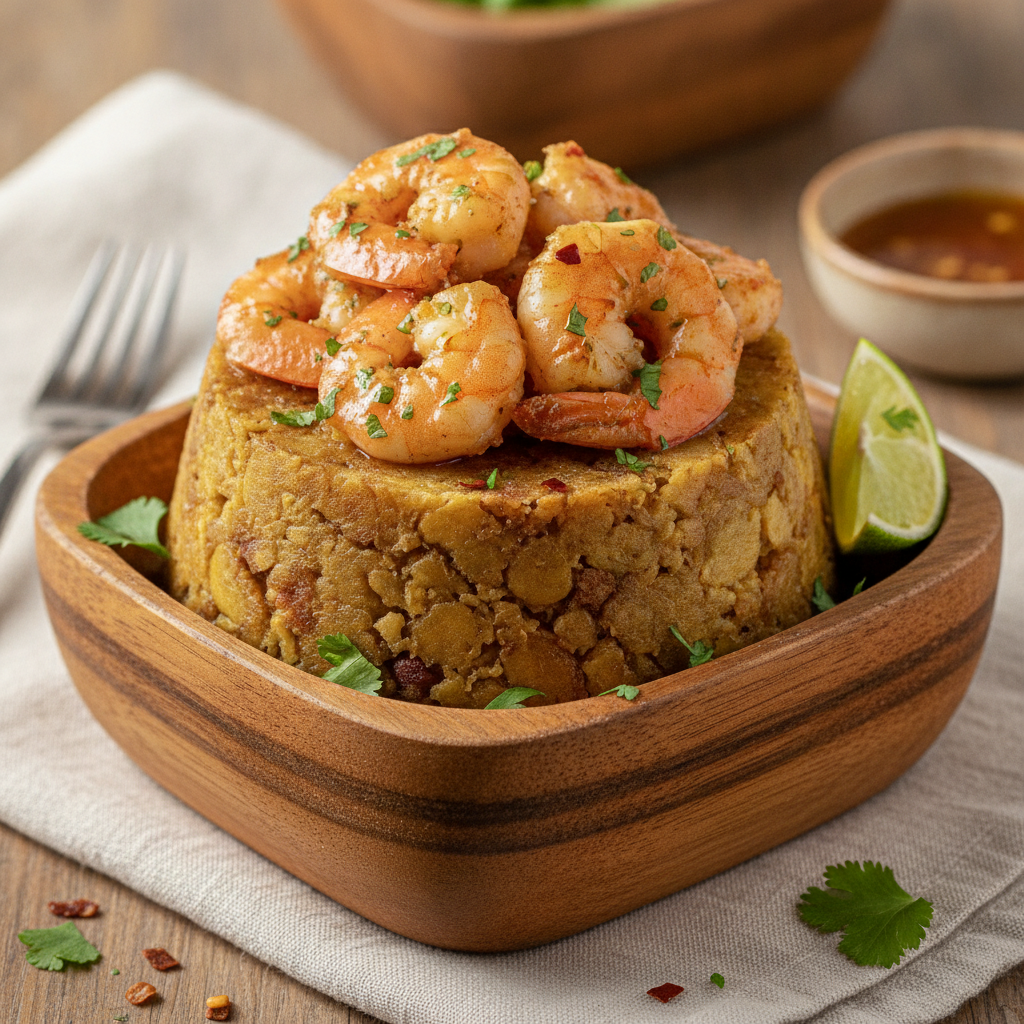 A beautiful bowl of Puerto Rican mofongo topped with succulent garlic shrimp