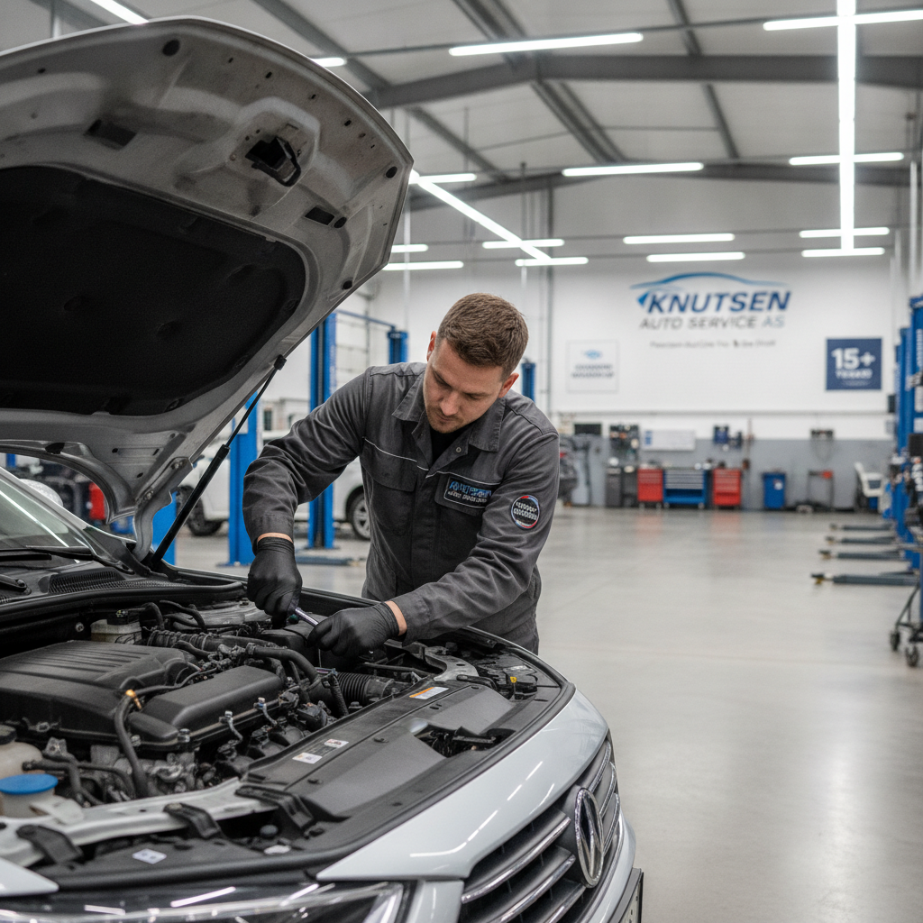 Profesjonell mekaniker som arbeider på en bilmotor inne i et moderne, godt opplyst bilverksted hos Knutsen Auto Service i Blomsterdalen