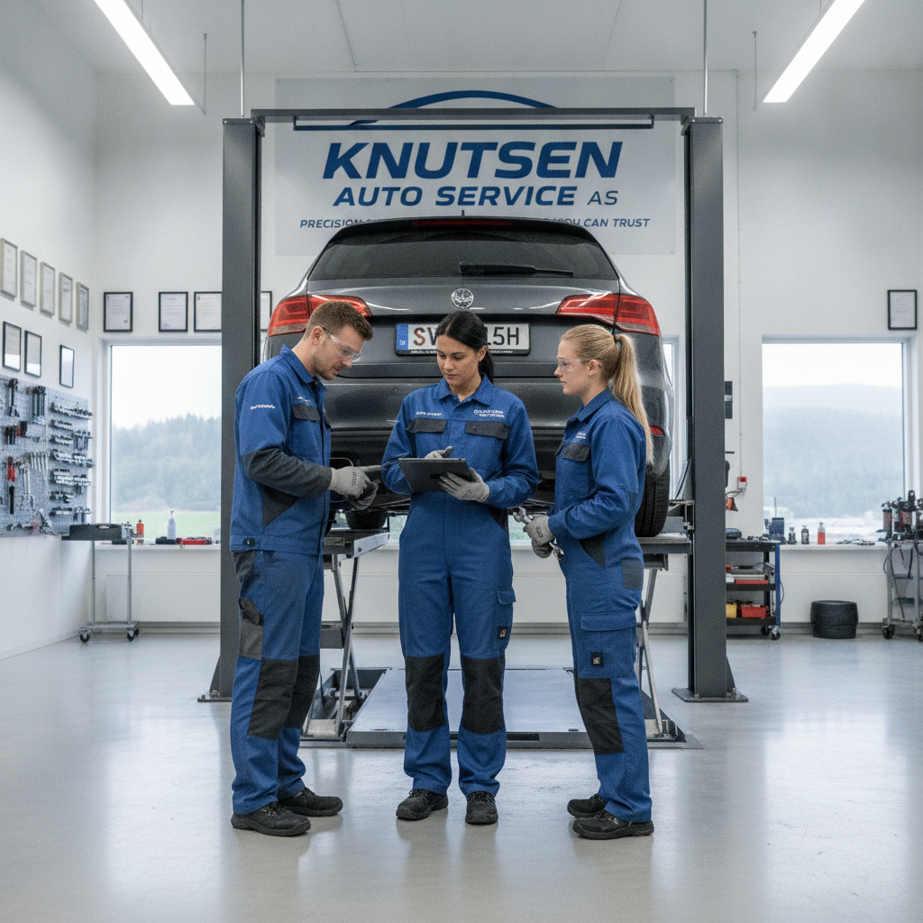 Sertifiserte mekanikere fra Knutsen Auto Service jobber på en bil på løftebukken i det moderne verkstedet i Blomsterdalen