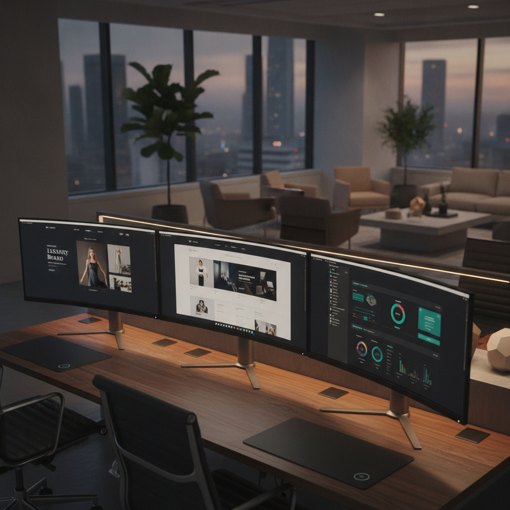 Sophisticated digital agency workspace showing high-end custom website designs on modern displays
