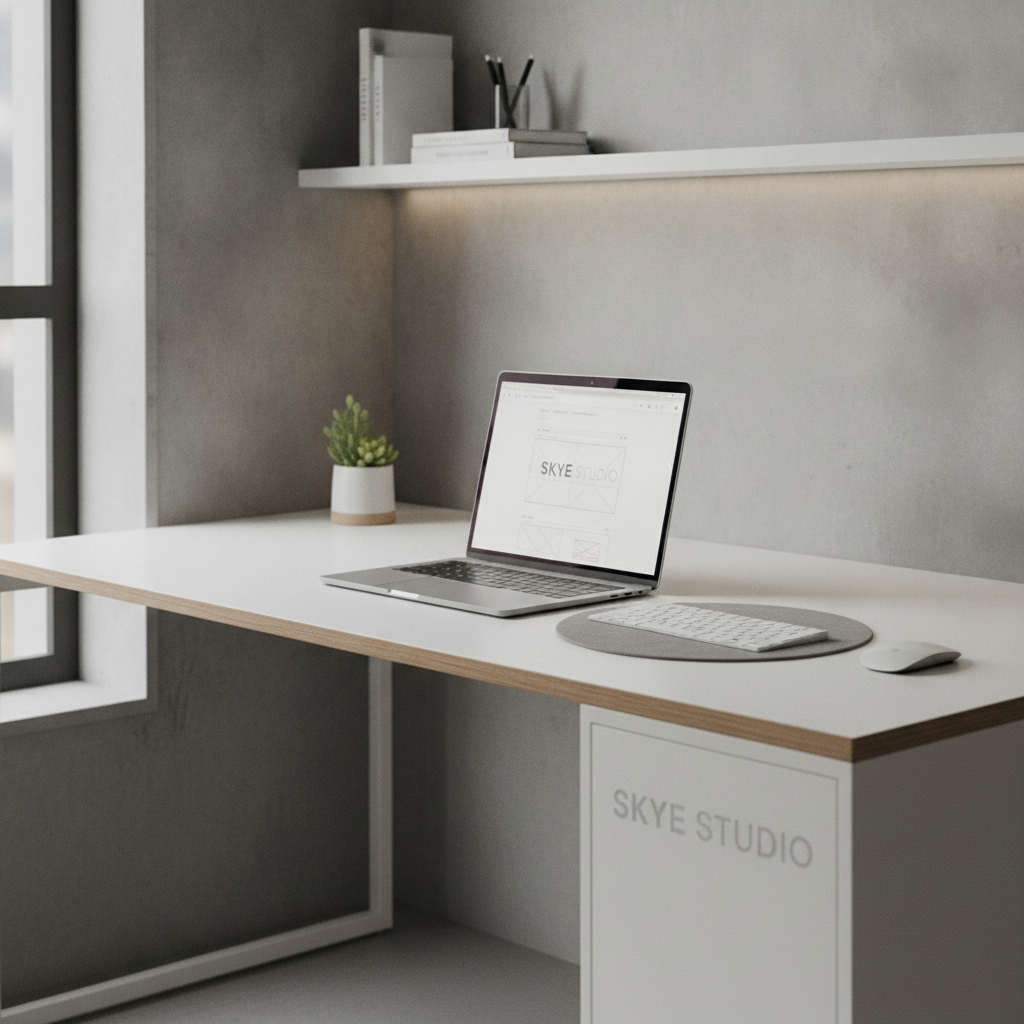 Sleek minimalist web design workspace at Skye Studio