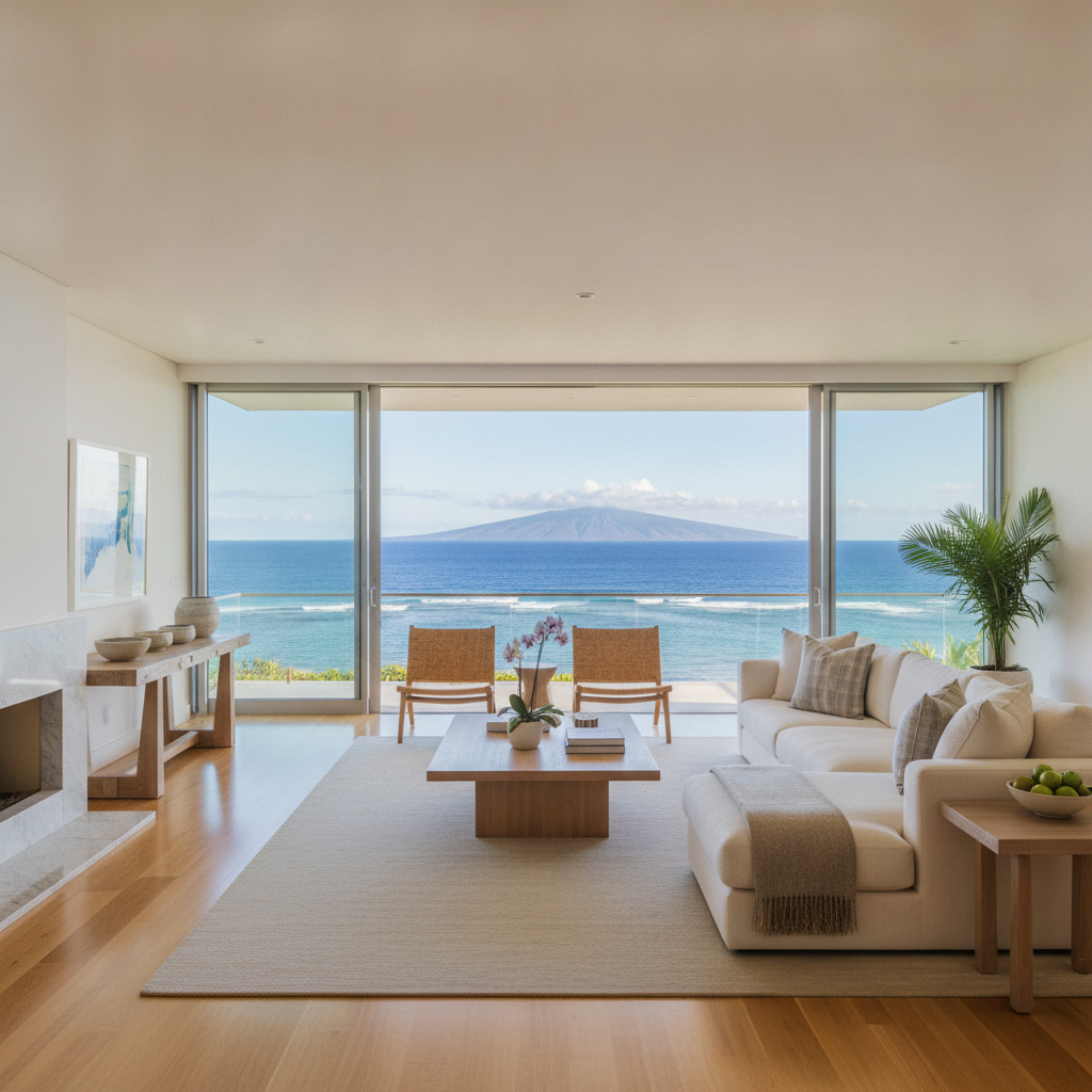 Spotless luxury living room with ocean view in Maui, showcasing premium cleaning standards