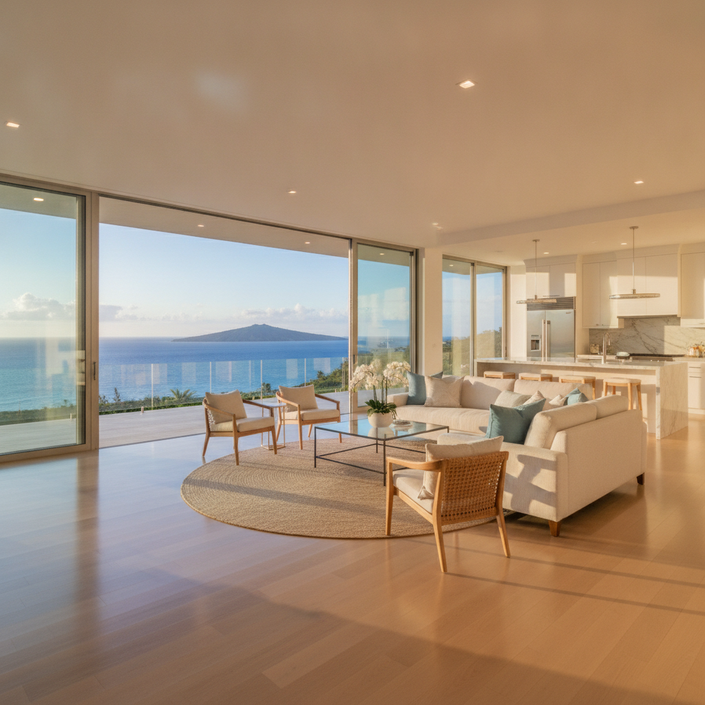 Pristine luxury Maui home interior with panoramic ocean views, spotless floors, and elegant furnishings