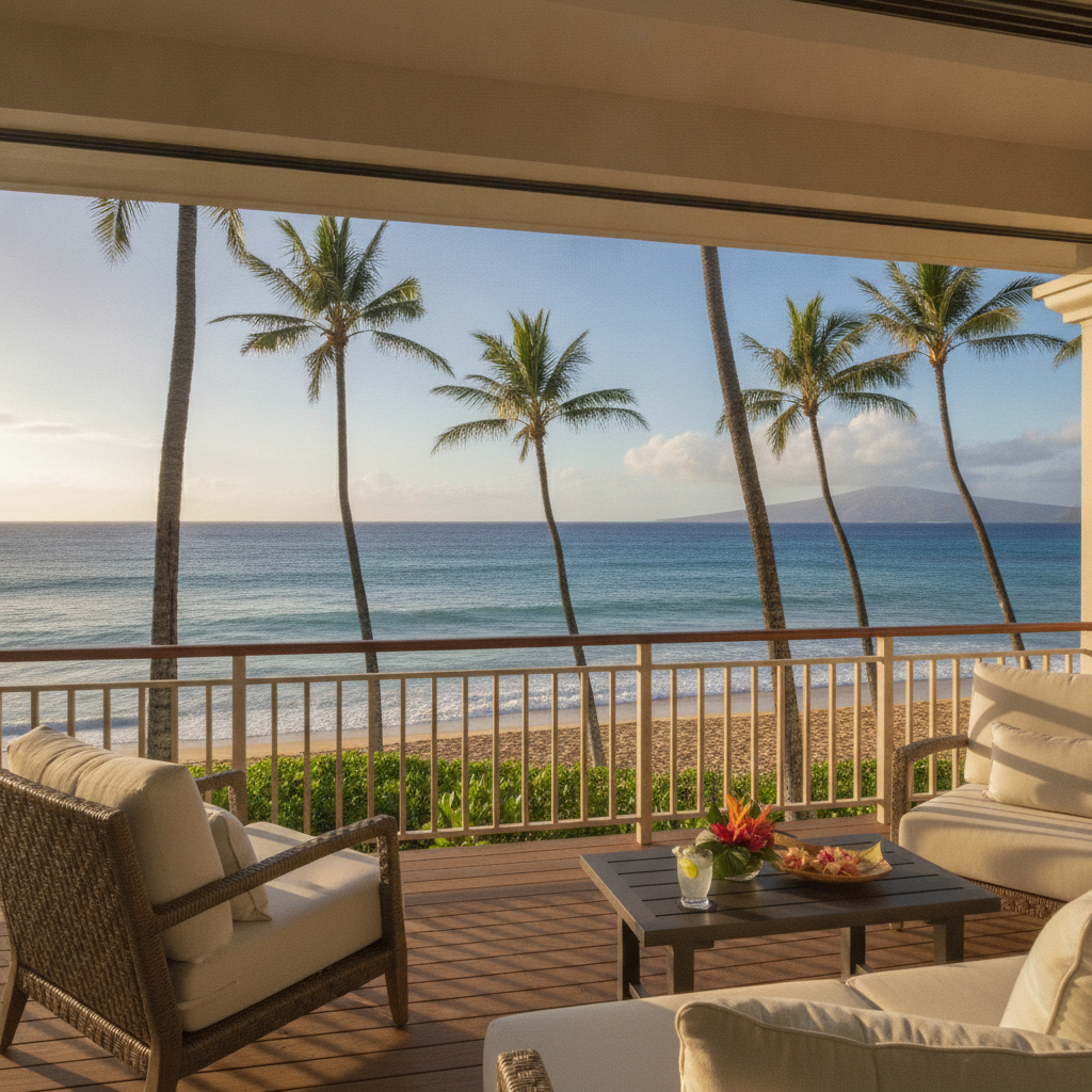 Serene tropical ocean view from a luxury Maui lanai with palm trees swaying in the breeze