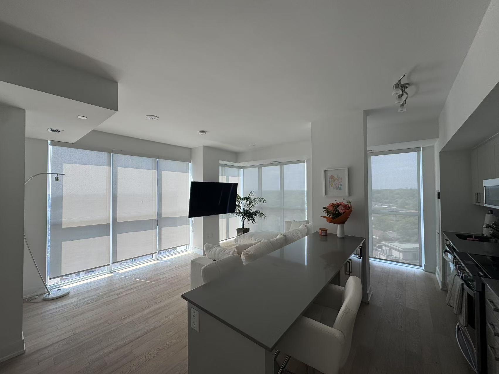 Sunlit modern living room with honeycomb cellular shades filtering warm afternoon light