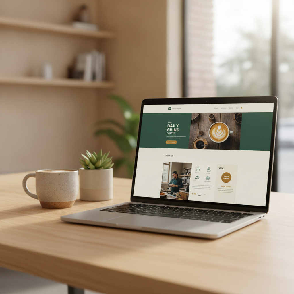 Sleek, modern website for a local coffee shop displayed on a laptop screen